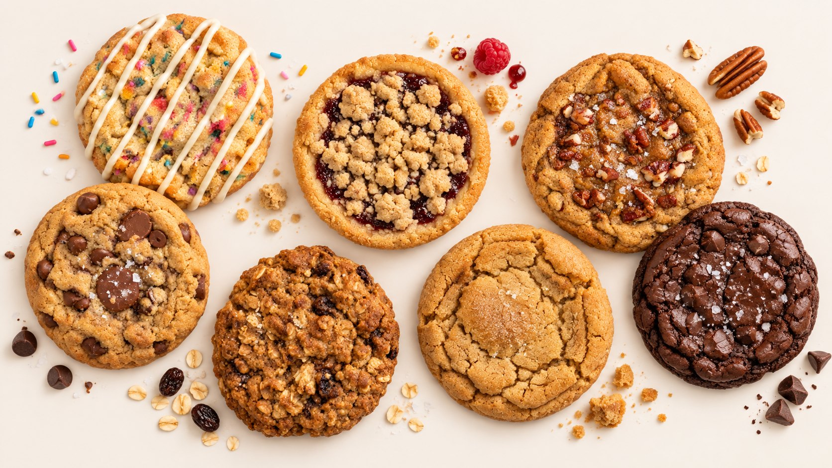 An assortment of oversized Bare Batch cookies on parchment